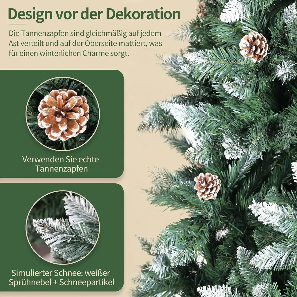 Sapin de Noël enneigé avec pommes de pin