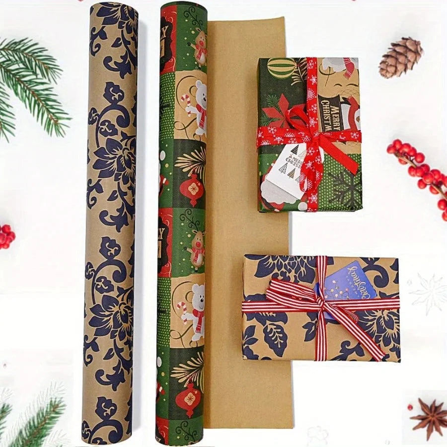 Papier cadeau kraft flocons et sapins