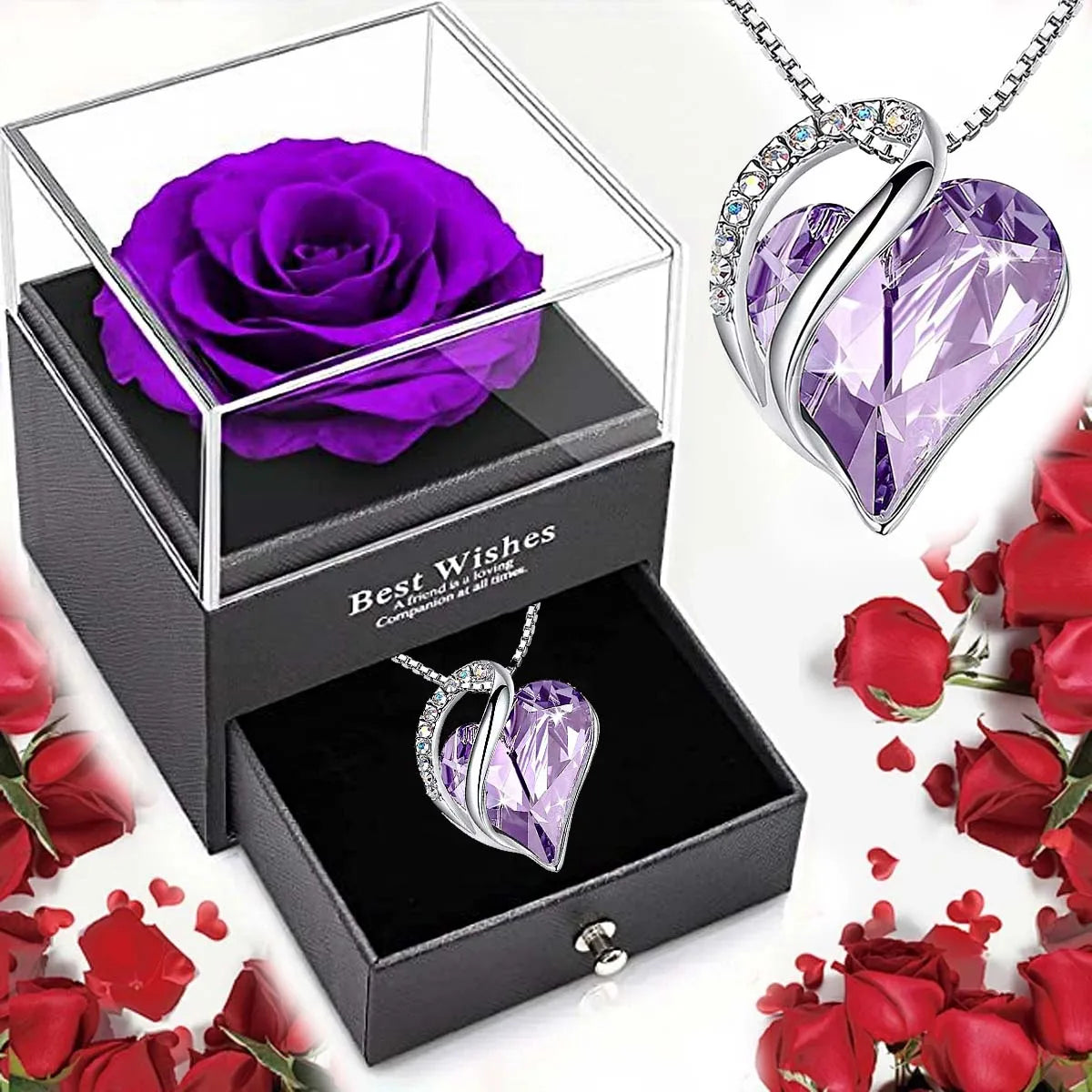 Coffret rose éternelle et collier cœur