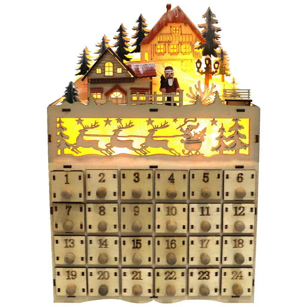 Calendrier de l'Avent maison en bois lumineuse
