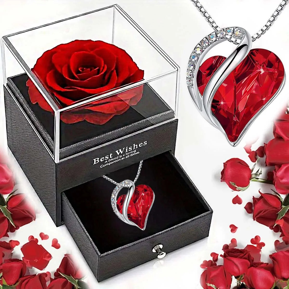 Coffret rose éternelle et collier cœur