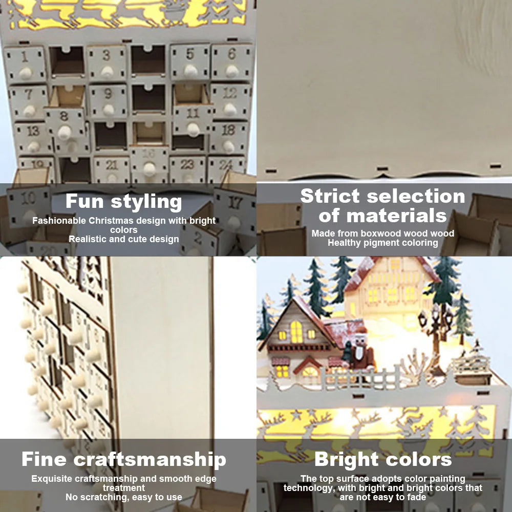 Calendrier de l'Avent maison en bois lumineuse