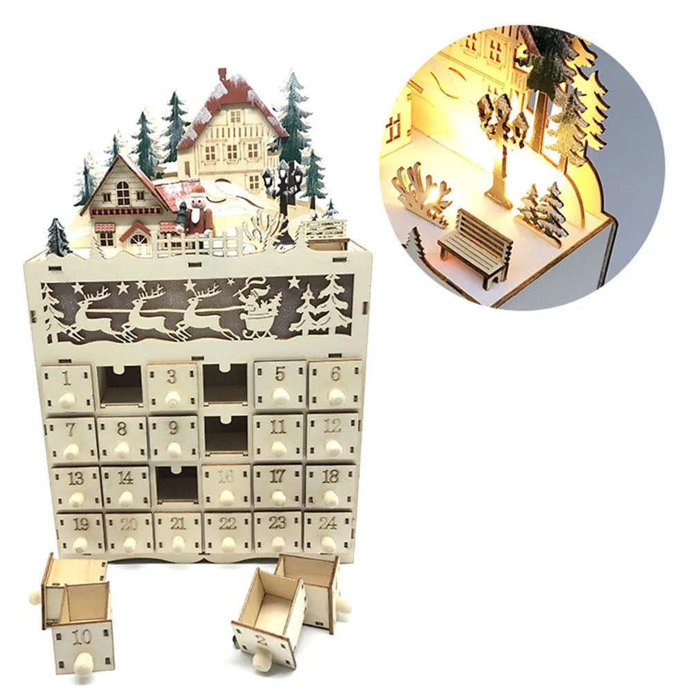 Calendrier de l'Avent maison en bois lumineuse – 24 tiroirs